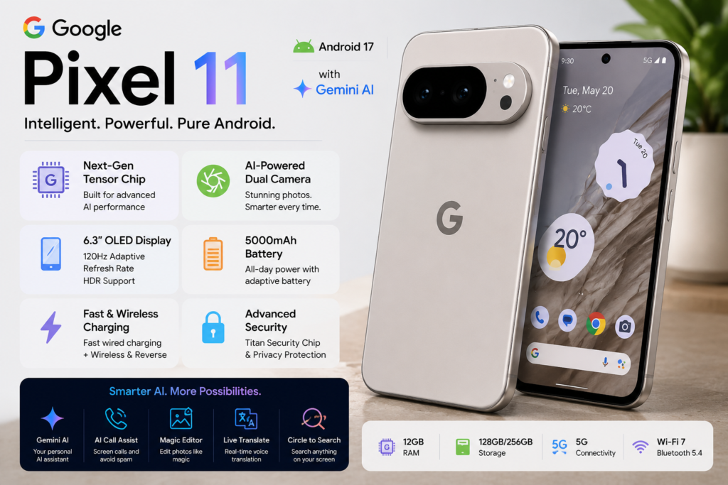 Google Pixel 11 smartphone with Android 17 and Gemini AI