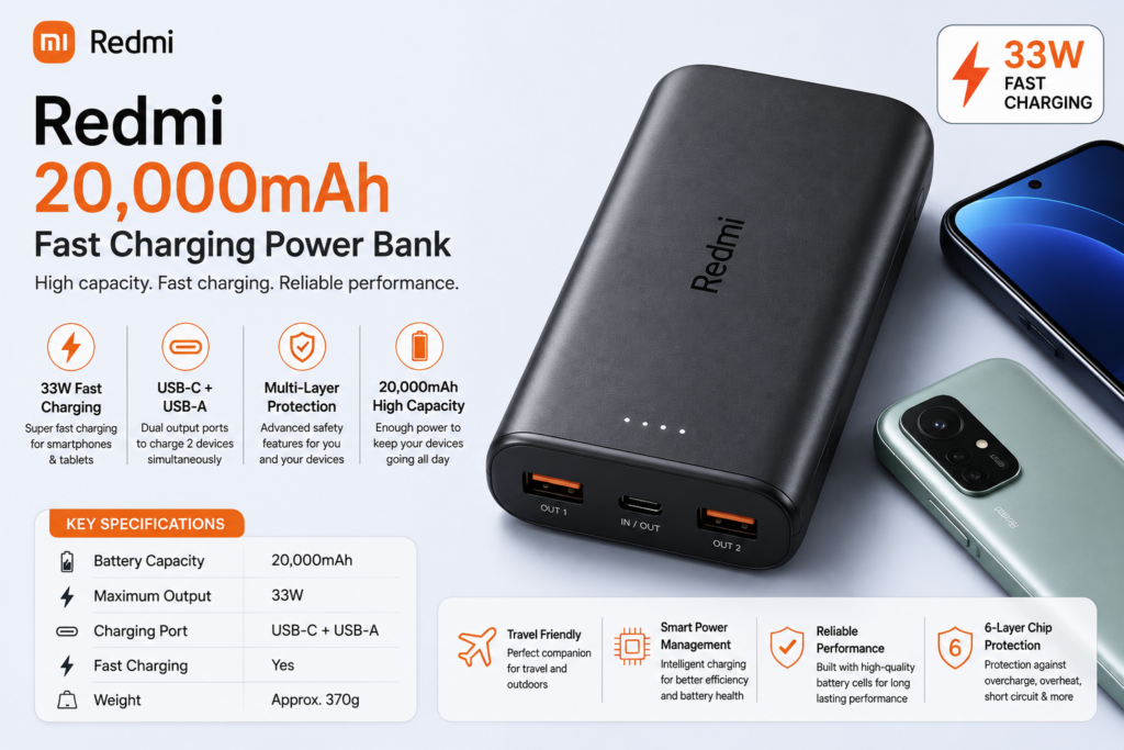 6. Redmi 20,000mAh Fast Charging Power Bank – Best for Xiaomi & Redmi Users​
