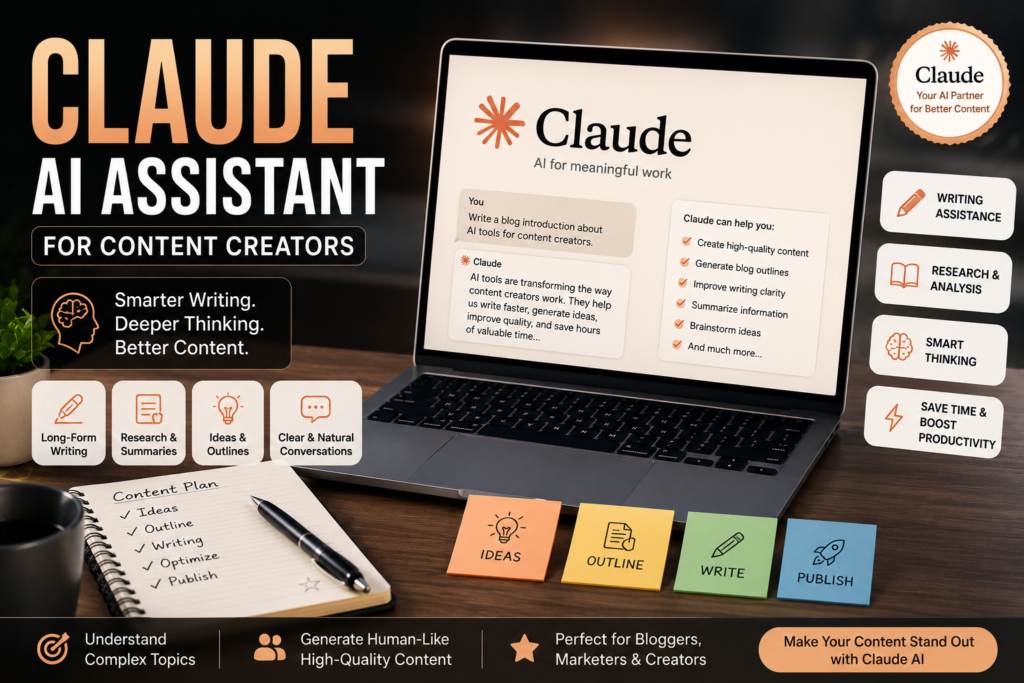 Claude AI assistant for content creators offering long-form writing, research, content summarization, and creative brainstorming.
