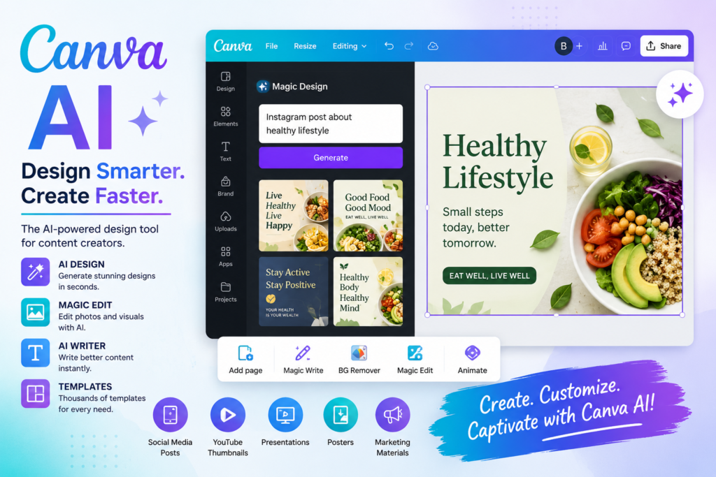 Canva AI design tool for content creators creating social media graphics, presentations, YouTube thumbnails, and marketing materials.